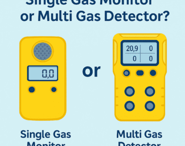 Infographic comparing a single gas monitor and a multi gas detector, showing two yellow handheld devices side-by-side with labeled displays and buttons on a light blue background