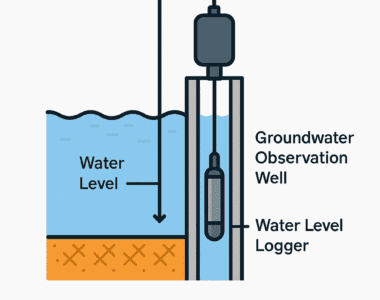 2D diagram showing a water level logger suspended inside a groundwater observation well, with labeled components including water level, well casing, and sensor cable.